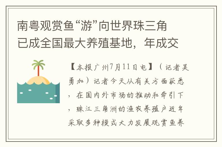 南粵觀賞魚“游”向世界珠三角已成全國最大養殖基地，年成交額超10億