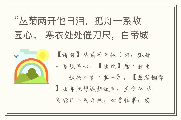 “丛菊两开他日泪，孤舟一系故园心。 寒衣处处催刀尺，白帝城高急暮砧。”全诗意思,原文翻译,赏析