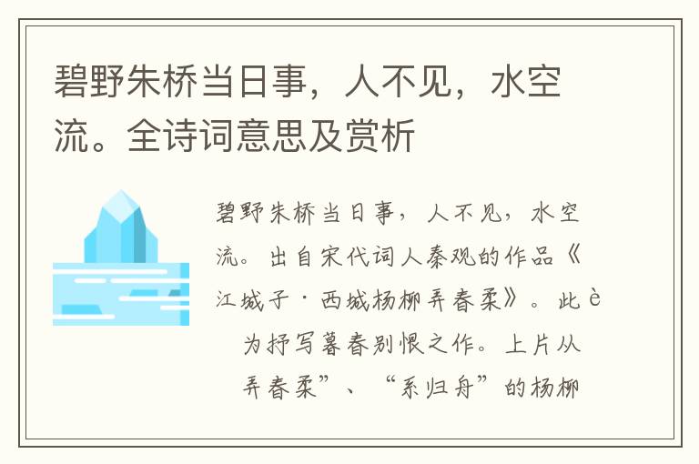 碧野朱桥当日事，人不见，水空流。全诗词意思及赏析