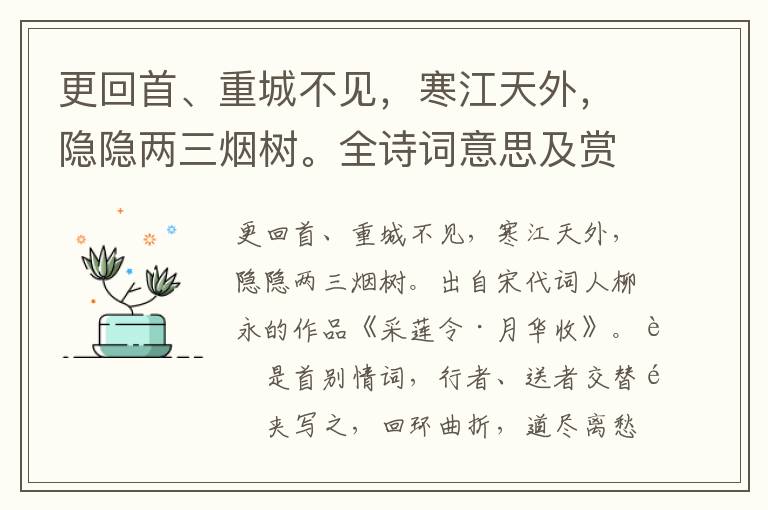 更回首、重城不见，寒江天外，隐隐两三烟树。全诗词意思及赏析