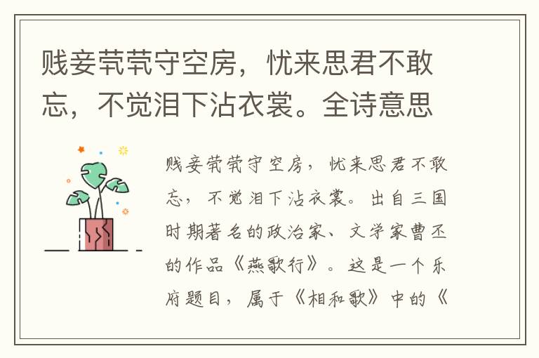 賤妾煢煢守空房，憂來思君不敢忘，不覺淚下沾衣裳。全詩意思及賞析