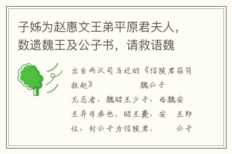 子姊為趙惠文王弟平原君夫人，數遺魏王及公子書，請救語魏