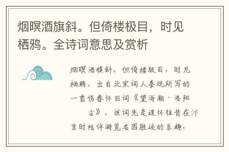 烟暝酒旗斜。但倚楼极目，时见栖鸦。全诗词意思及赏析