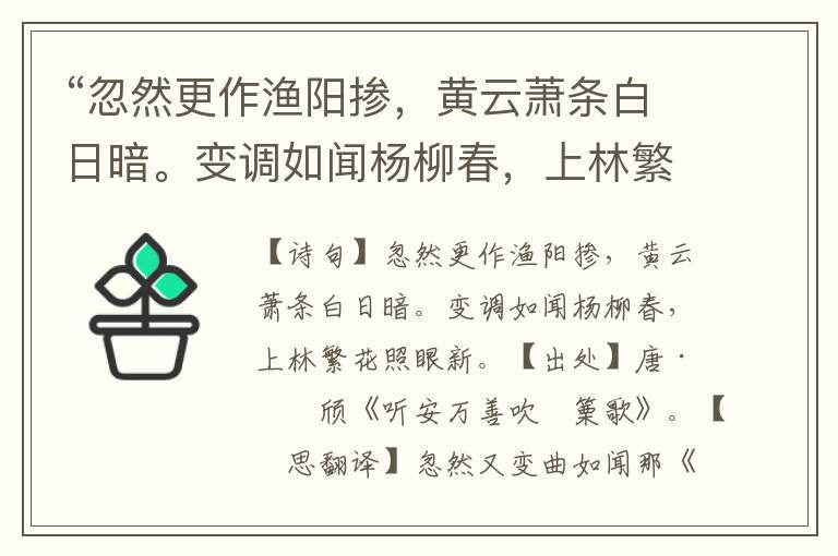 “忽然更作渔阳掺，黄云萧条白日暗。变调如闻杨柳春，上林繁花照眼新。”全诗意思,原文翻译,赏析