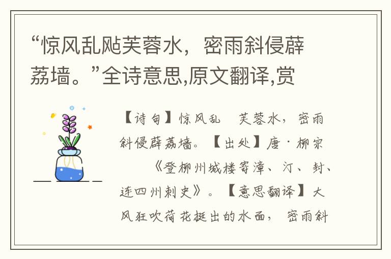 “惊风乱飐芙蓉水，密雨斜侵薜荔墙。”全诗意思,原文翻译,赏析