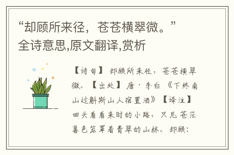 “却顾所来径，苍苍横翠微。”全诗意思,原文翻译,赏析